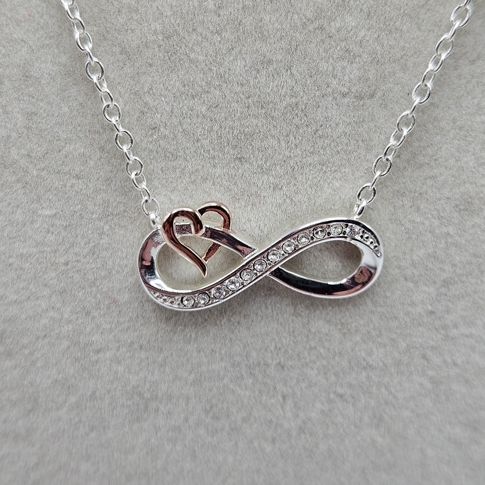 Brilliance Genuine Crystal Two-Tone Silver Rose Infinity Heart Dainty Necklace